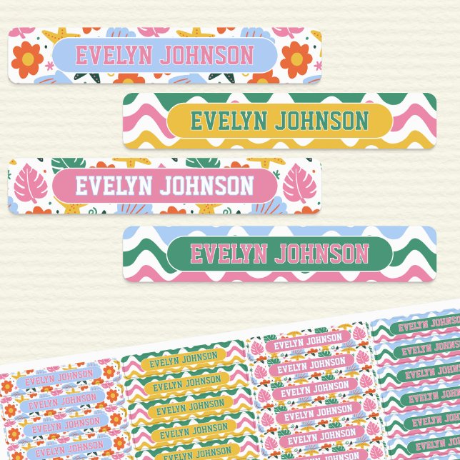 Retro Tropical Starfish & Shells Waterproof Name (Waterproof kids name labels with Bright and Colorful Beach themed pattern)