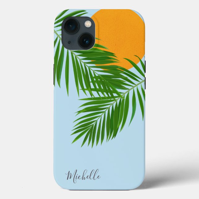 Retro Tropical Sun Palm Leaves Blue Minimal Name Case-Mate iPhone Case (Back)