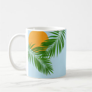 Retro Tropical Sun Palm Leaves Blue Minimal Name Coffee Mug