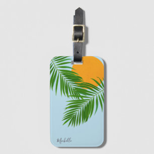 Retro Tropical Sun Palm Leaves Blue Minimal Name Luggage Tag