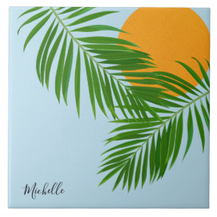 Retro Tropical Sun Palm Leaves Blue Minimal Name Tile