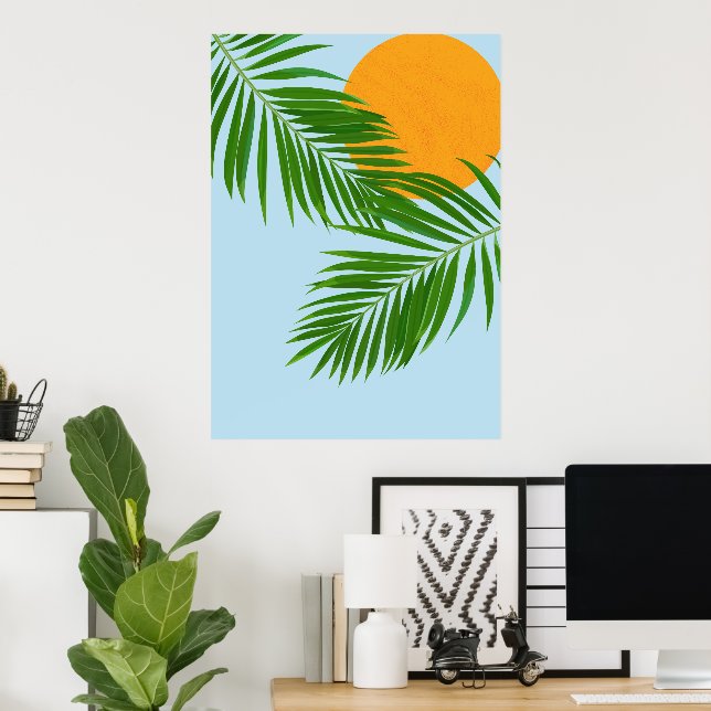Retro Tropical Sun Palm Leaves Blue Minimal Poster (Home Office)