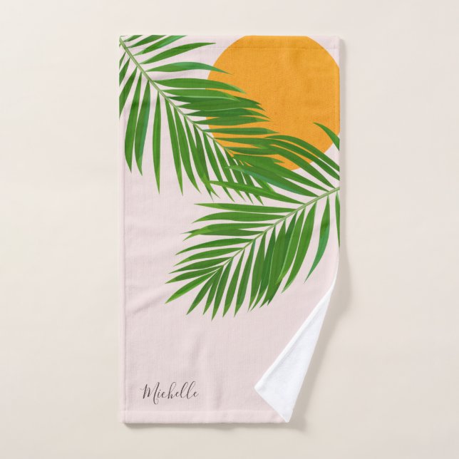 Retro Tropical Sunset Palm Leaves Minimalist Name Bath Towel Set (Hand Towel)