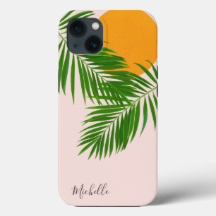 Retro Tropical Sunset Palm Leaves Minimalist Name iPhone 13 Case