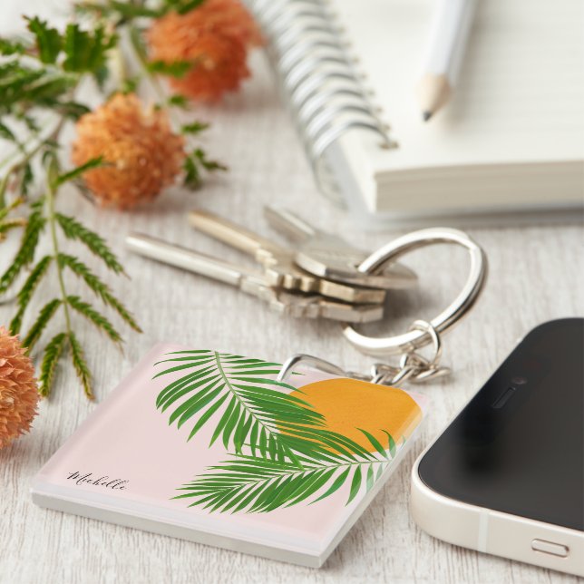 Retro Tropical Sunset Palm Leaves Minimalist Name Key Ring (Front Right)
