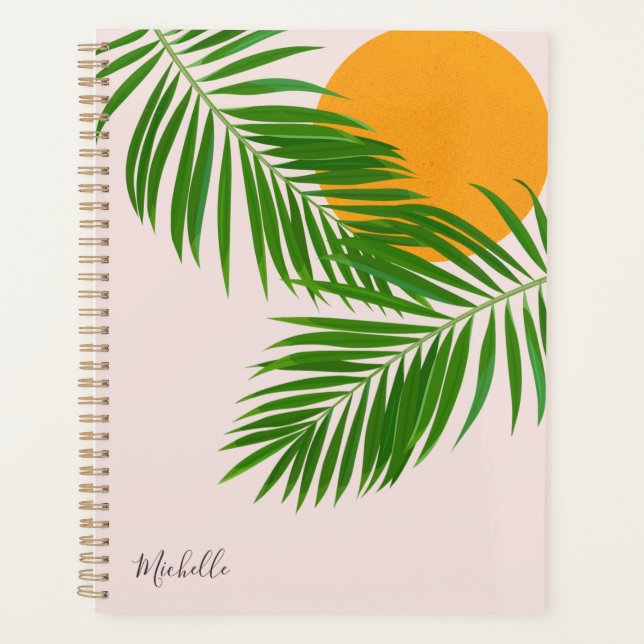 Retro Tropical Sunset Palm Leaves Minimalist Name Planner (Front)