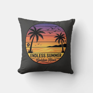 Retro Tropical Sunset Palm Trees Beach Throw Pillo Cushion