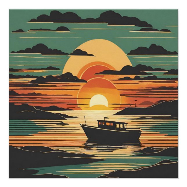 Retro Tropical Sunset with Boat and Black Clouds  Poster (Front)