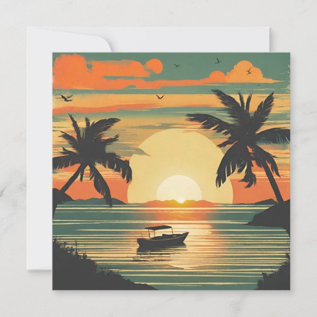 Retro Tropical Sunset with Boat  Card (Front)