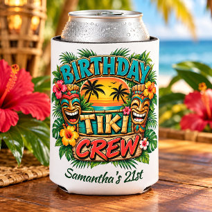Retro Tropical Tiki Crew Birthday Can Cooler