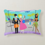 Retro Tropical Vacation Accent Pillow<br><div class="desc">This Retro Tropical Vacation Accent Pillow features a minimalist cartoon drawing of an attractive couple taking the trip of a lifetime! The mid century modern scene is set in a tropical airport. Mr. and Mrs. Tourist are posing in front of the floor to ceiling glass walls. After all, they want...</div>