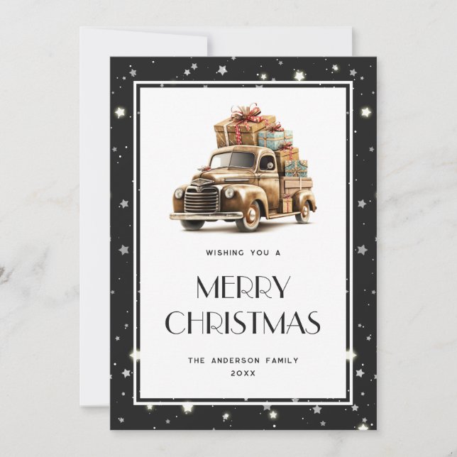Retro Truck Gifts Stars Black Merry Christmas Card (Front)