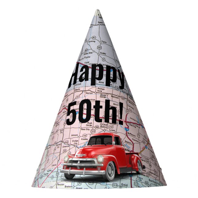 Retro Truck On Map 50th Birthday Party Hat (Front)