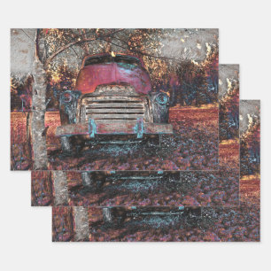 Retro Truck Vintage Red Orange Yellow Rustic Fall Wrapping Paper Sheet