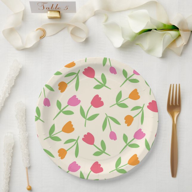 Retro Tulip Flowers pattern in orange pink and red Paper Plate (Wedding)