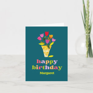 Retro Tulips Floral Personalised Teal Birthday Card