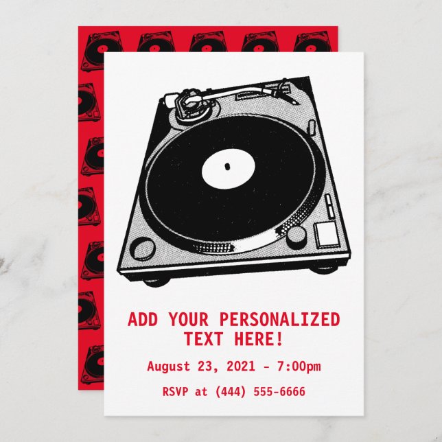 Retro Turntable Graphic in Black Invitation (Front/Back)