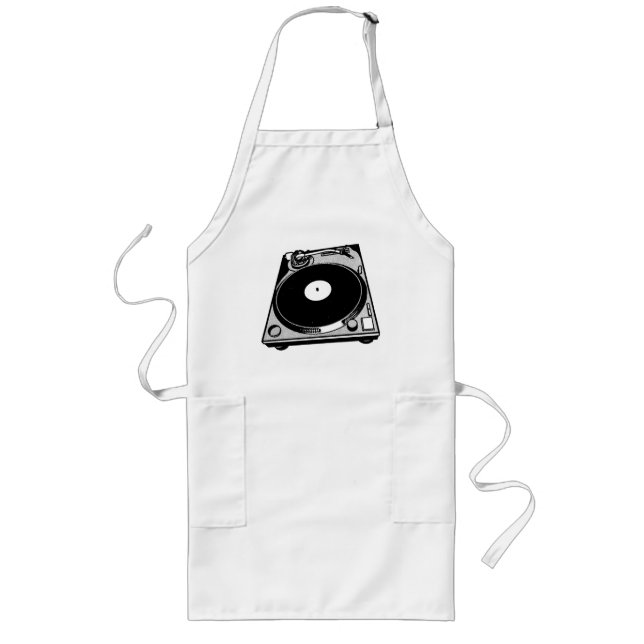 Retro Turntable Graphic in Black Long Apron (Front)