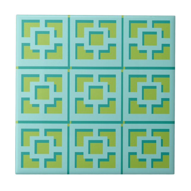 Retro Turquoise and Green Trellis Ceramic Tile (Front)