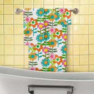 Retro Turquoise And Orange Flowers Bath Towel Set