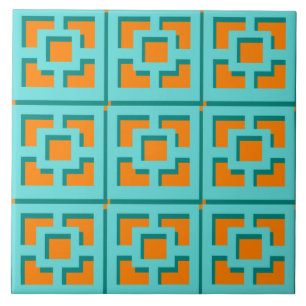 Retro Turquoise and Orange Trellis Ceramic Tile