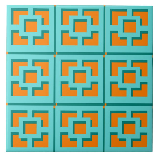 Retro Turquoise and Orange Trellis Ceramic Tile (Front)