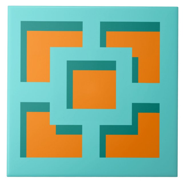 Retro Turquoise and Orange Trellis Ceramic Tile (Front)