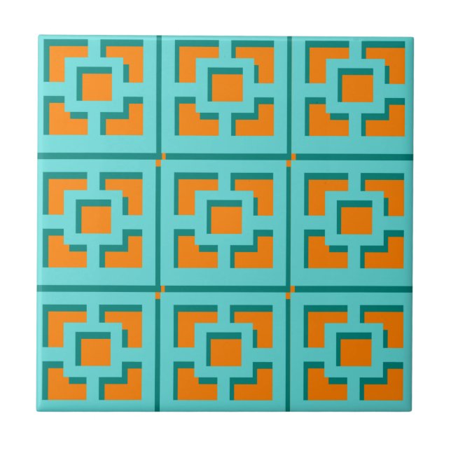 Retro Turquoise and Orange Trellis Ceramic Tile (Front)