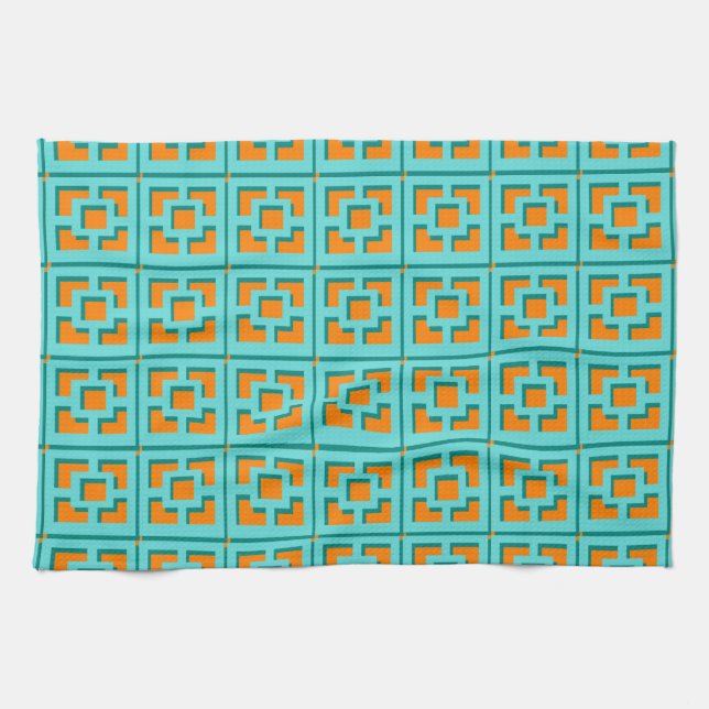 Retro Turquoise and Orange Trellis Kitchen Towels (Horizontal)