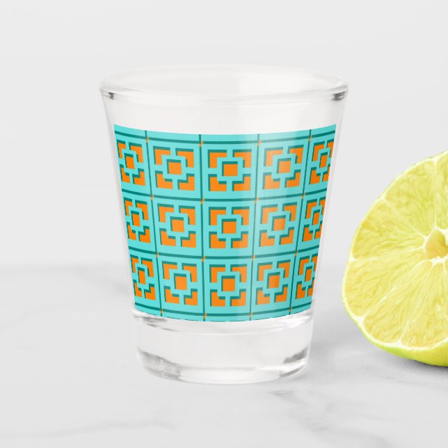 Retro Turquoise and Orange Trellis Shot glass (Front)