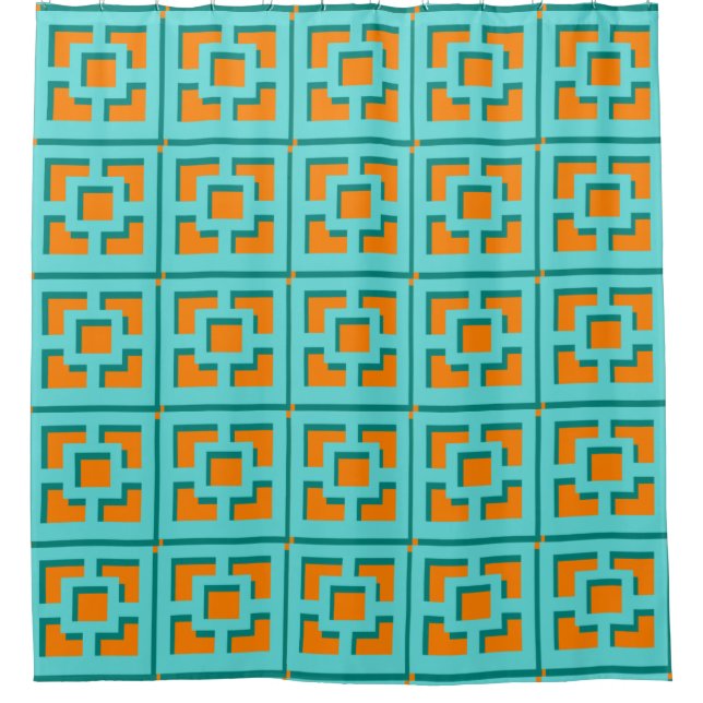Retro Turquoise and Orange Trellis Shower Curtain (Front)