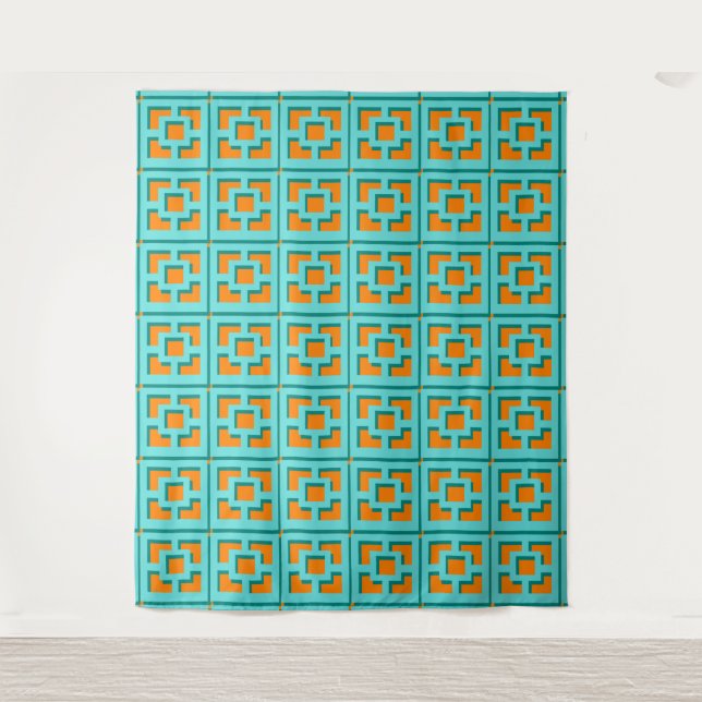 Retro Turquoise and Orange Trellis Tapestry (Front)