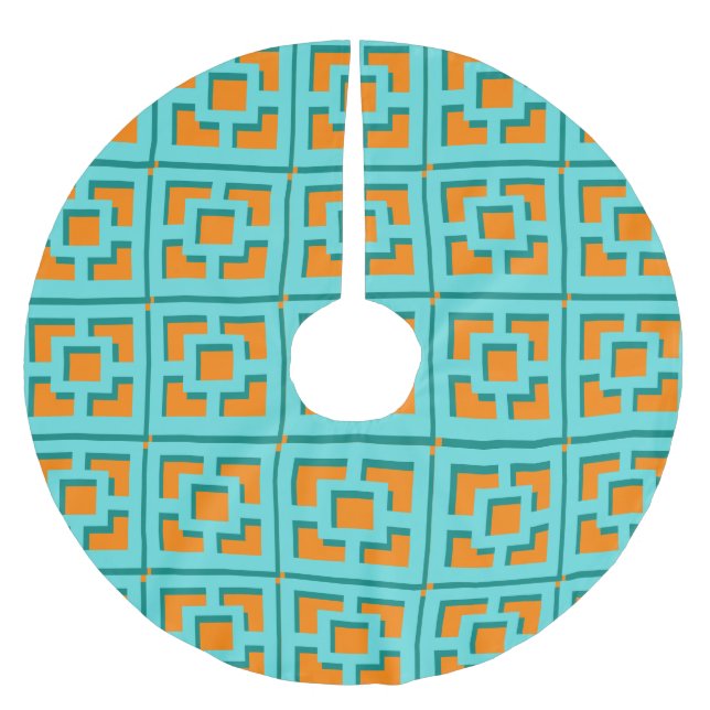 Retro Turquoise and Orange Trellis Tree Skirt (Front)