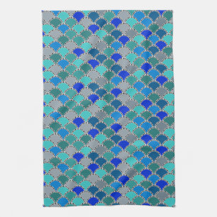 Retro Turquoise Blue Teal Grey Scales Pattern Tea Towel