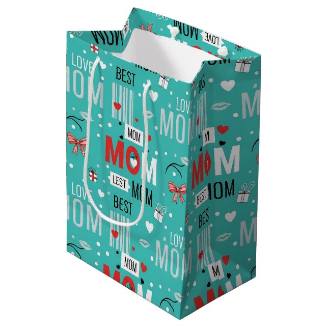 Retro Turquoise Comic MOM Love Pattern Medium Gift Bag (Front Angled)