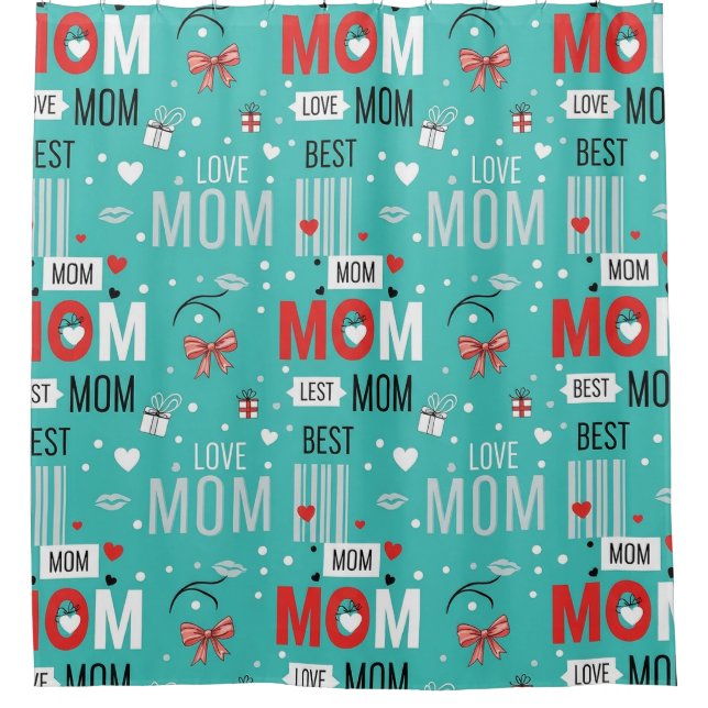 Retro Turquoise Comic MOM Love Pattern Shower Curtain (Front)