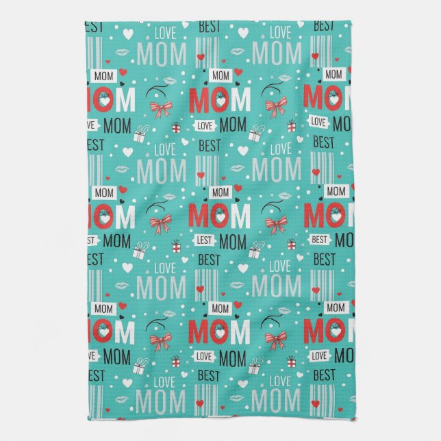 Retro Turquoise Comic MOM Love Pattern Tea Towel (Vertical)