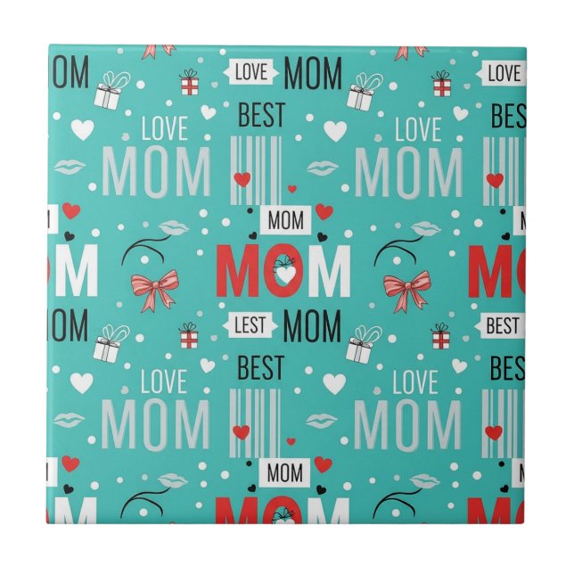 Retro Turquoise Comic MOM Love Pattern Tile (Front)