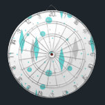 Retro Turquoise Diamond & Starburst Dart Board<br><div class="desc">This Retro Turquoise Diamonds and Starbursts Dartboard (large print) pattern is a new take on a vintage style. It features kitschy, grey starbursts on turquoise polka dots, surrounding geometric, turquoise and grey diamond shapes. Customise the background colour on this mid century modern product if you're feeling daring, or leave it...</div>