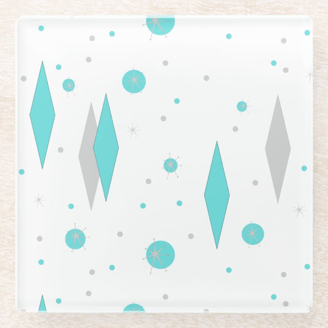 Retro Turquoise Diamond & Starburst Glass Coaster (Front)