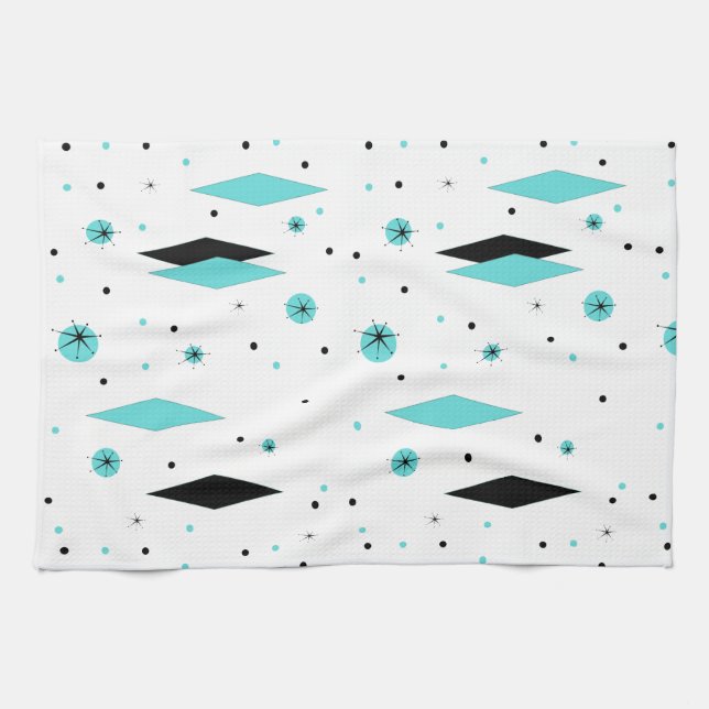 Retro Turquoise Diamond & Starburst Kitchen Towel (Horizontal)