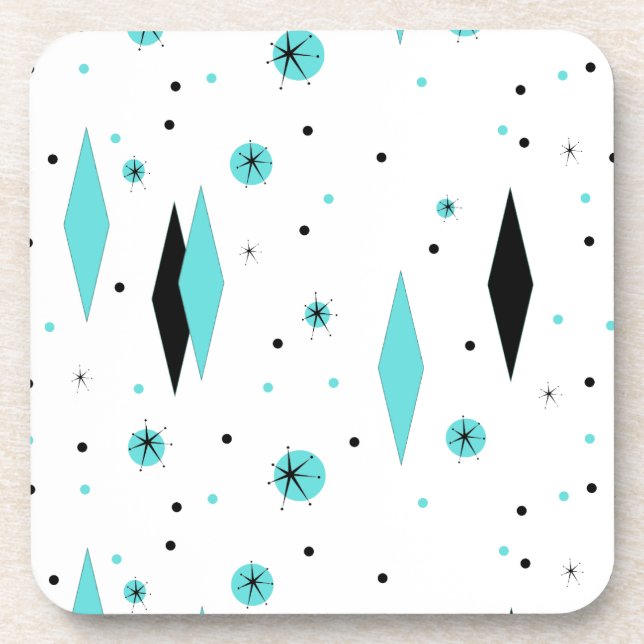 Retro Turquoise Diamonds Starburst Plastic Coaster (Front)