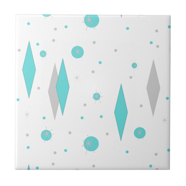 Retro Turquoise Diamonds & Starbursts Ceramic Tilw Tile (Front)
