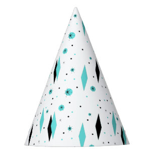 Retro Turquoise Diamonds & Starbursts Party Hat