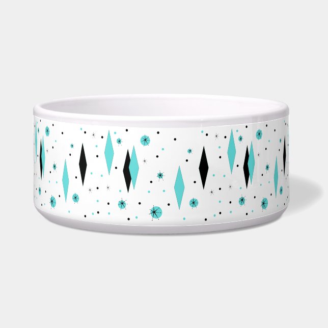 Retro Turquoise Diamonds & Starbursts Pet Bowl (Front)