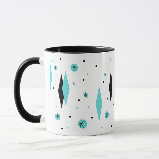 Retro Turquoise Diamonds & Starbursts Ringer Mug (Left)