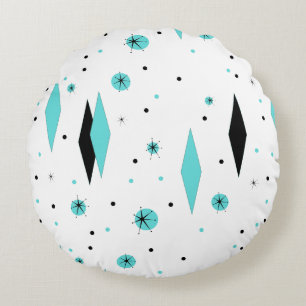 Retro Turquoise Diamonds & Starbursts Round Pillow