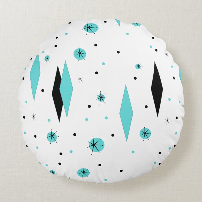 Retro Turquoise Diamonds & Starbursts Round Pillow (Front)