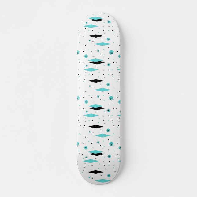 Retro Turquoise Diamonds & Starbursts Skateboard (Front)