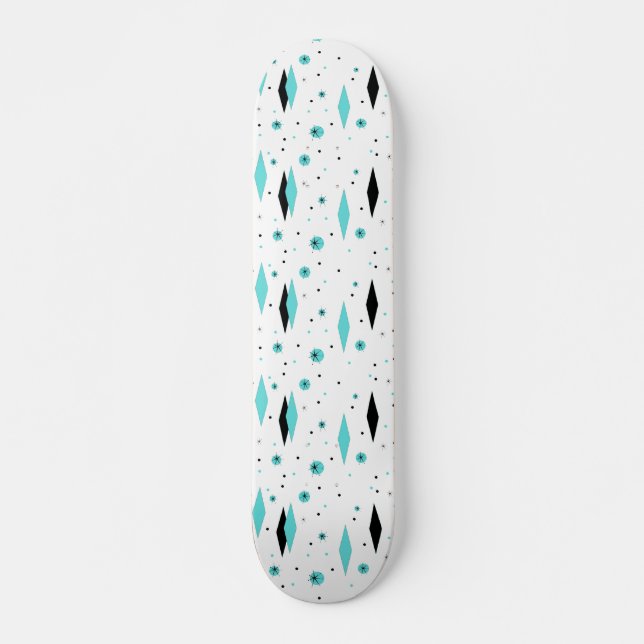 Retro Turquoise Diamonds & Starbursts Skateboard (Front)